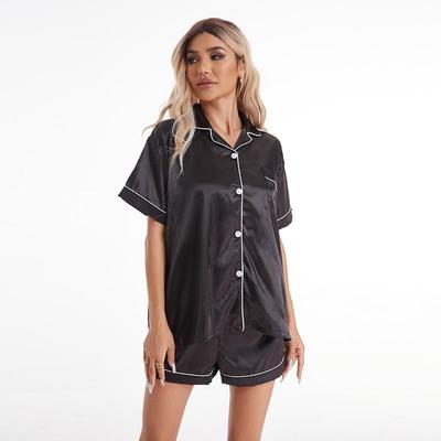 European & American Style Silk Lapel Pajama Set, Plus Size, Black, 3/4 Sleeve