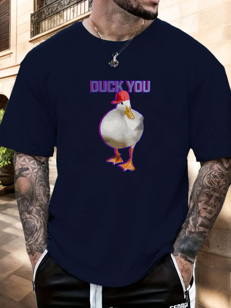 Mens Funny Duck Graphic Cotton TShirt DUCK YOU Red Hat Duck Pattern Short Sleeve Breathable Comfort Fit Casual Daily Wear Top