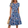 Women's Casual Fashion Round Neck Pleated Short Sleeve Floral Print A-Line Midi Dress