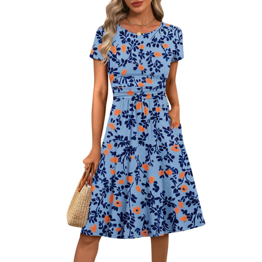 Women's Casual Fashion Round Neck Pleated Short Sleeve Floral Print A-Line Midi Dress