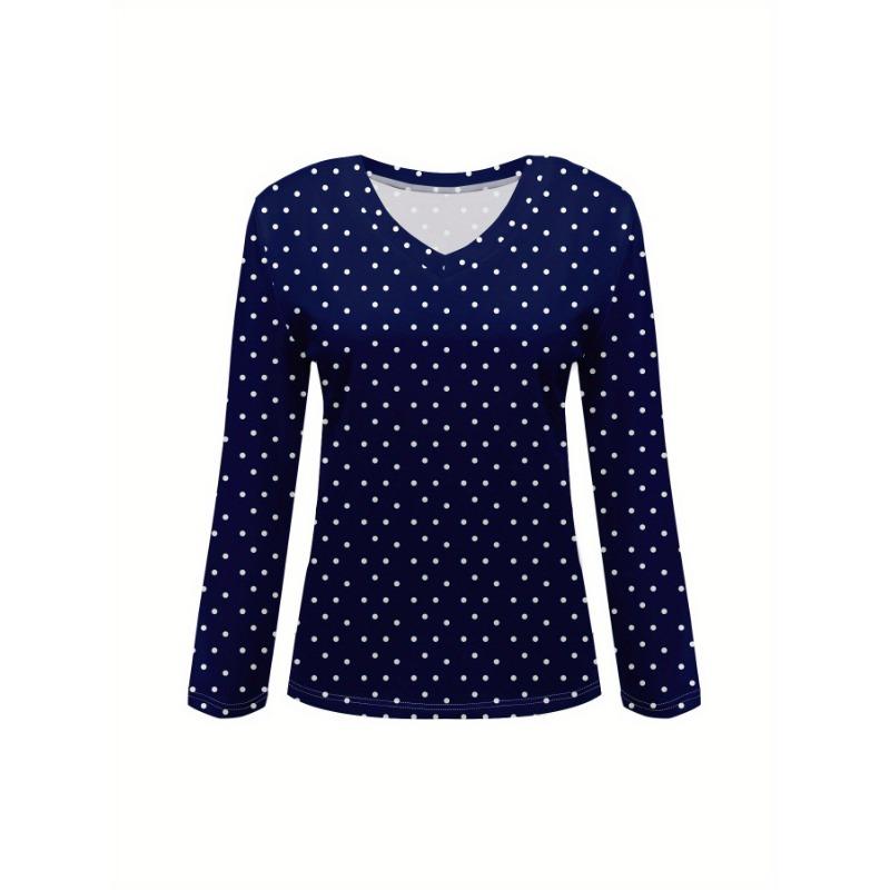 2025 Women's Basic V-Neck Long Sleeve,White Polka Dots Printed Polyester Relaxed Fit Tees Shirt,Spring Fall Casual Comfort Tops
