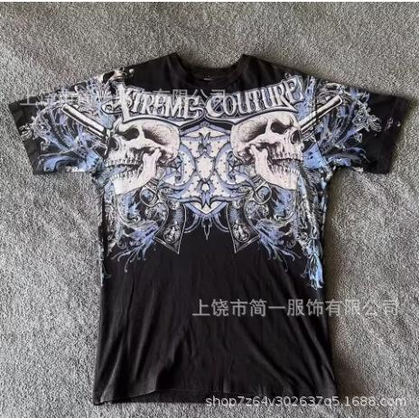 Summer Men's Fashion Skull Letter Printing Trend Slim Fit Casual 3D Digital Printing Short Sleeve Top