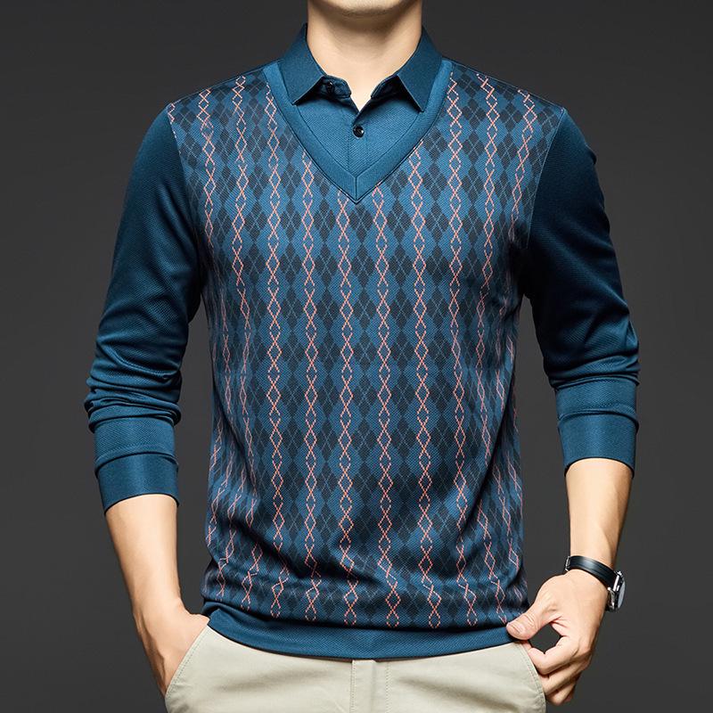 Men's Long Sleeve Rhombus Print Lapel T-shirt - Fake Two-Piece Casual Top
