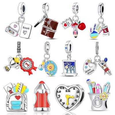 925 Silver School Backpack Book Pencil Trophy Charm Beads Fit Original Charm Bracelet Women DIY Jewelry