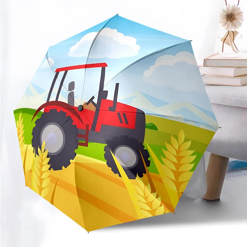 Cartoon-Traktor-Thema Faltbarer Regenschirm Mode Automatik-Öffnung 8 Eisenrippen Kunststoffgriff Faltbarer Sonnenschirm Perfekte Weihnachtsgeschenke