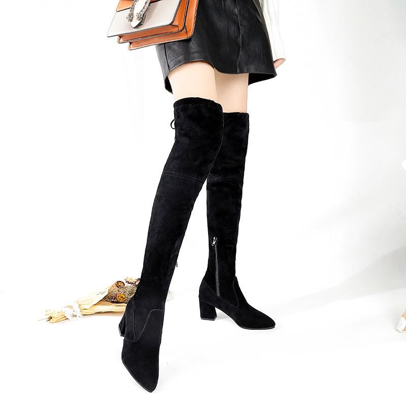 Neue Herbst- und Winter-Kniestiefel Damen-Langstiefel Kleine Langstiefel Dicker Absatz Hoher Absatz Spitz Wildleder Dünne Stiefel