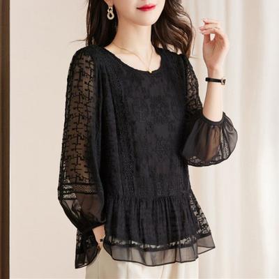 Black Silk Embroidery Hollow Out Blouses Spring Autumn Elegant Loose Casual Top Shirts Women Fashion Features of Shirts