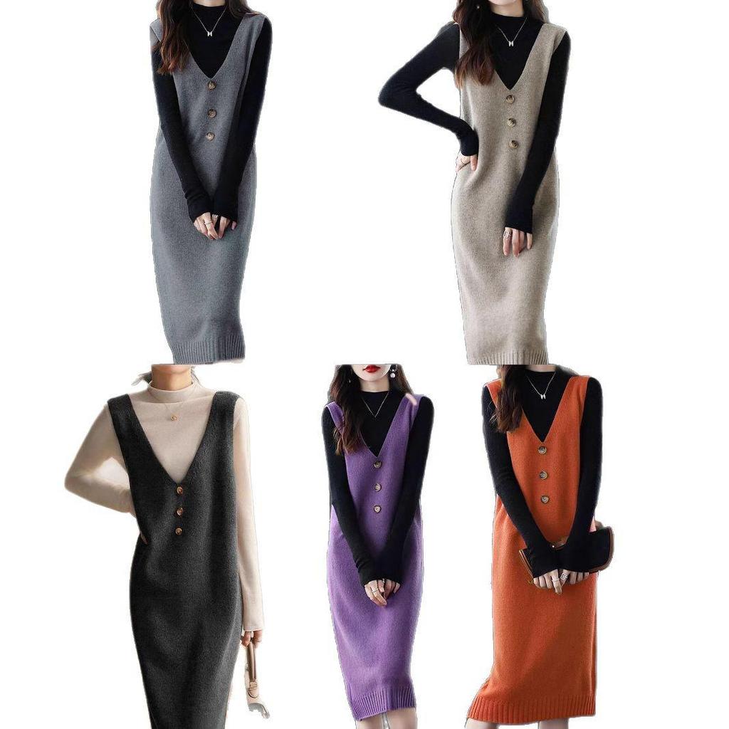 European Size Spring/Autumn Cross-Stitched Knitted Wool Vest Dress for Women