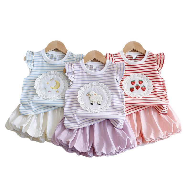 Summer Girls Dopamine Sweet Cartoon Striped Top With Bud Shorts Lace Trim Two Piece Set Cute Kids Outfit