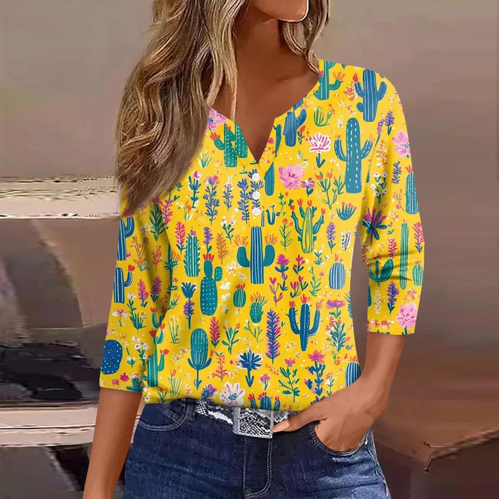 Women's Fashion Button V-Neck Seven Sleeve Cute Animal Print Casual Top