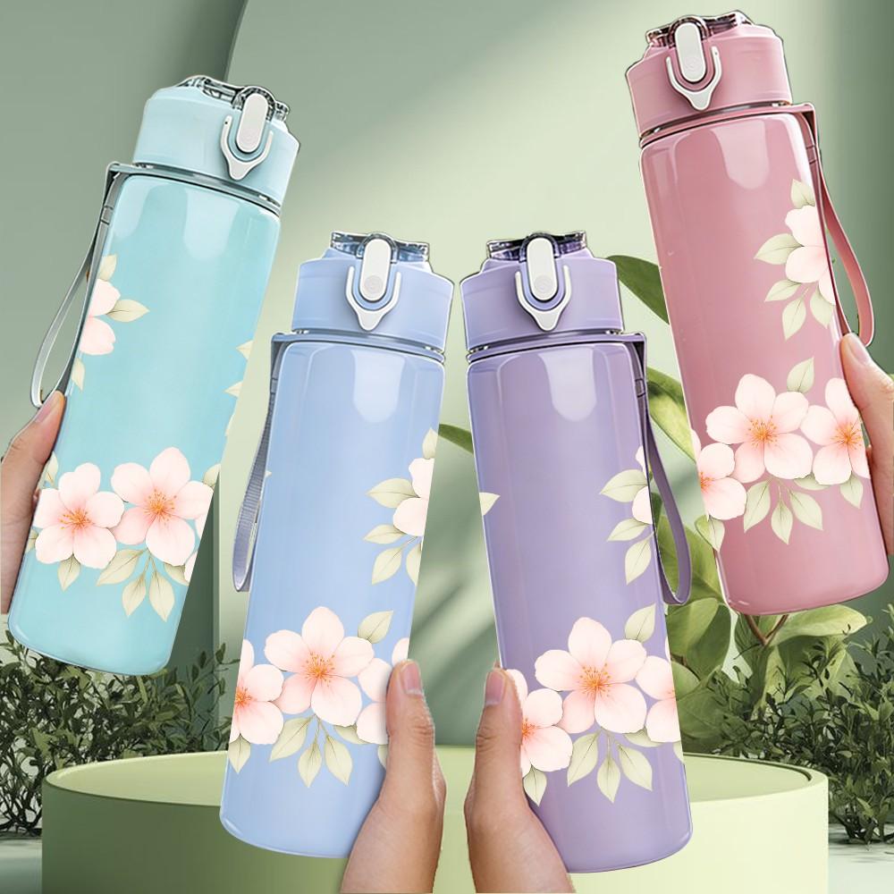 1PC Soft Pink Cherry Blossom Floral Print 750ml Color Plastic Sports Water Bottle Leakproof Flip Straw Lid Suitable for Sports Office Home Use