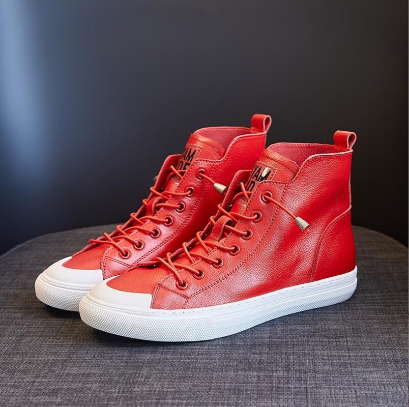 2024 High Quality Cowhide Leather Shoes Woman Shoes Casual Sneaker Trend Boots Flat Fashion Shoes Black White Red Boots