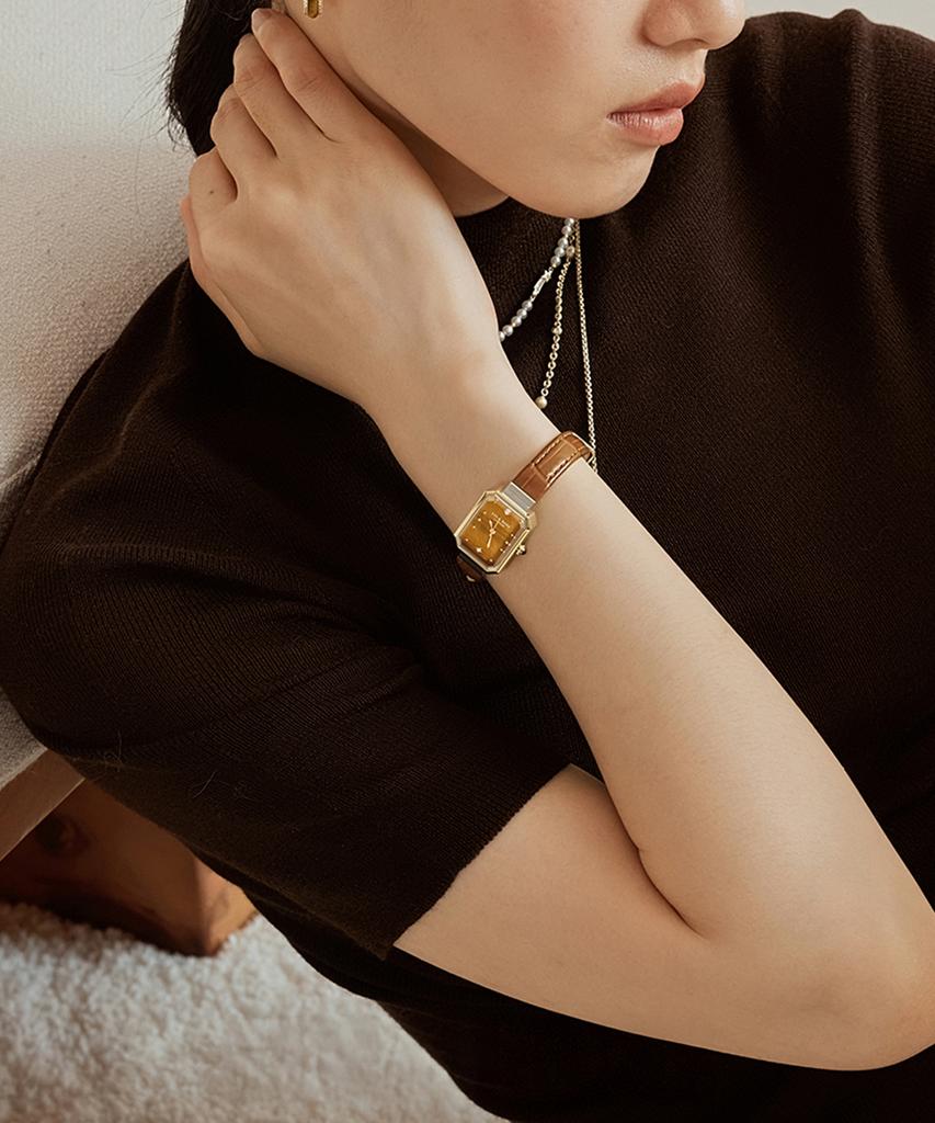 Lollalojeu Ms. Lola Tiger'S Eye Brown Metal Watch Leather Strap Set