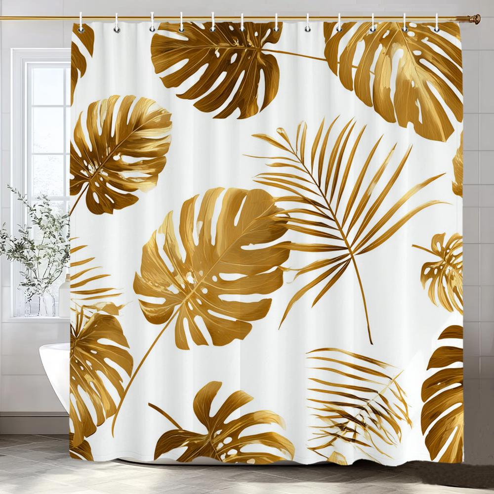 Tropical Banana Golden Leaf Shower Curtain, Bathroom Decorative Shower Curtain, Printed Fabric Home Curtain with Hooks