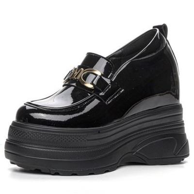 Botas de Plataforma con Cuña de Cuero Patentado Genuino de Alta Calidad para Mujer, Temporada Primavera-Otoño, Zapatos de Tacón de Moda, Zapatos de Marca Alta