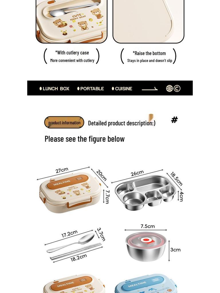 304 Stainless Steel Portable Insulated Lunch Box with Compartmented Lid, Large Capacity Bento Box for Students.