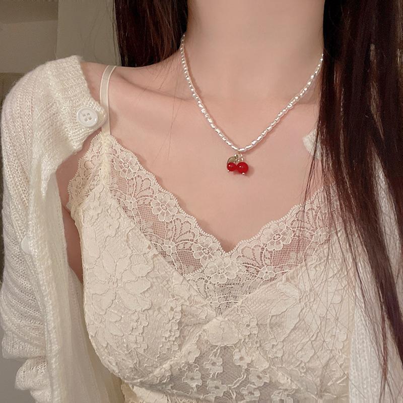 Summer gentle pearl cherry necklace women s light luxury neck chain sweet and fresh collarbone chain