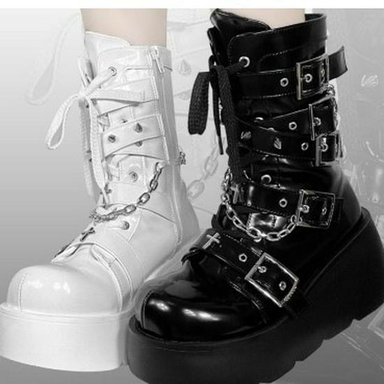Demonia Thick-Soled Round-Toe Boots with Buckle and Lace-Up Design