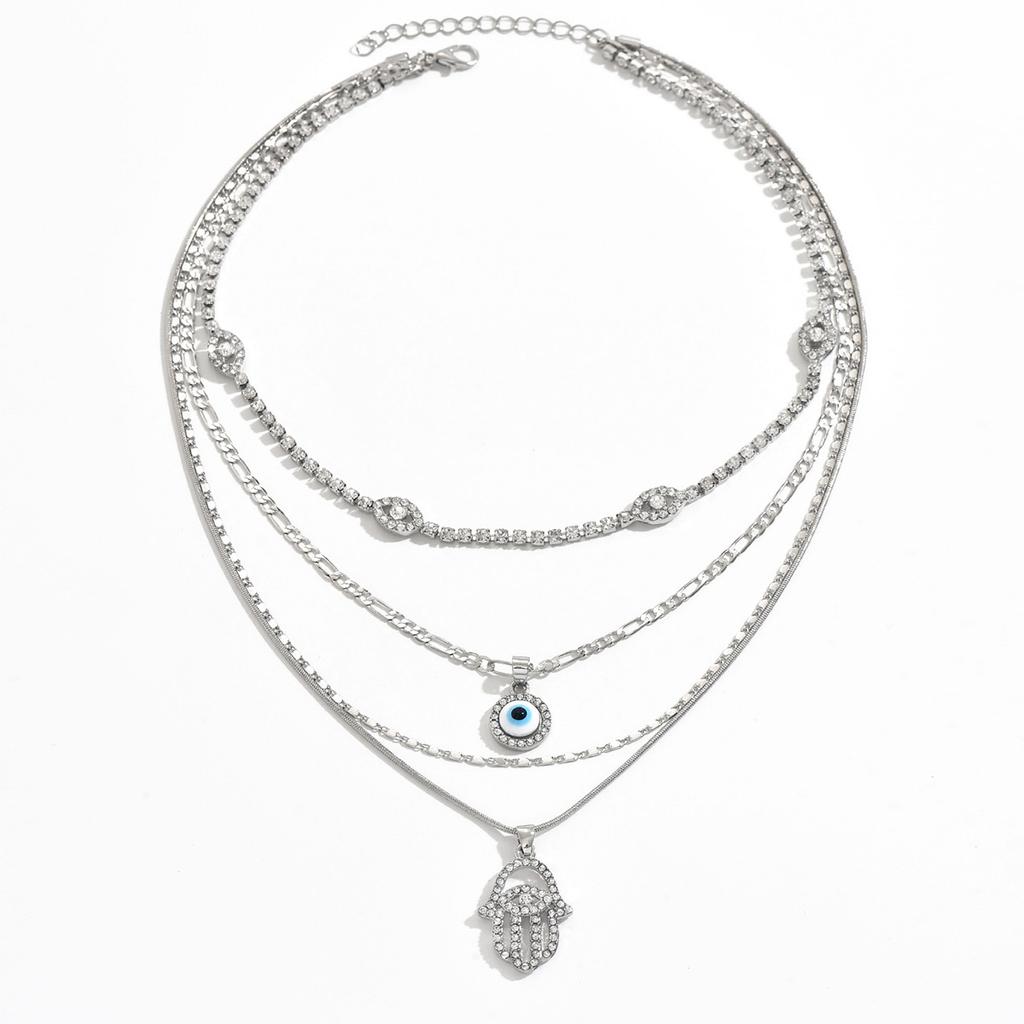 Hot-selling retro exaggerated design devil's eye pendant necklace fashionable multi-layer diamond ins collarbone chain