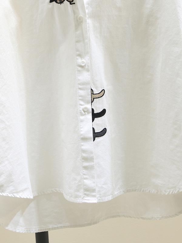 Cămașă de damă cu mânecă lungă din bumbac pur, cu broderie pisică - Top versatil casual de toamnă