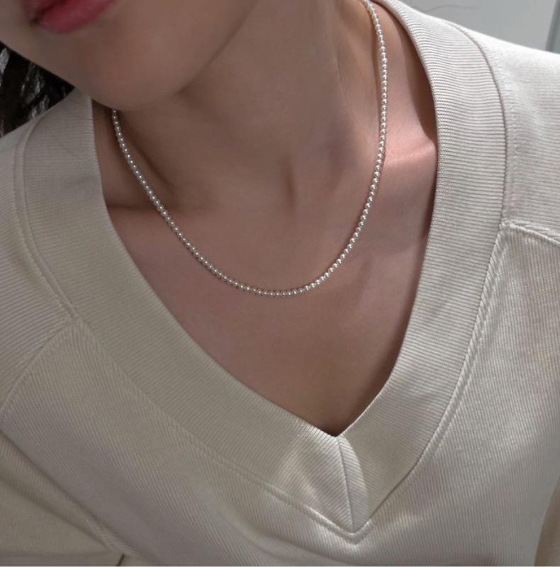 Náhrdelník z mincovního stříbra S925 s perlou Shijia a dětskými korálky - Vynikající kulatý lesk, Retro jemný choker pro ženy