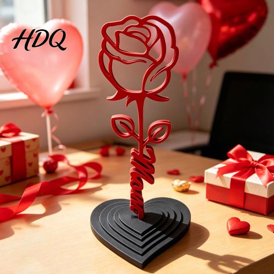 Romantic Rose Decoration And Heart Sculpture 3D Printed Red Ornament Mom Stem Detachable Flower Statue Mother's Day Birthday Gift for from Daughter