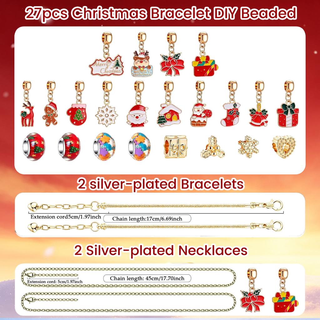 Christmas Advent Calendar Bracelet Making Kit with Large Hole Beads and Santa Snowflake Pendants for Kids