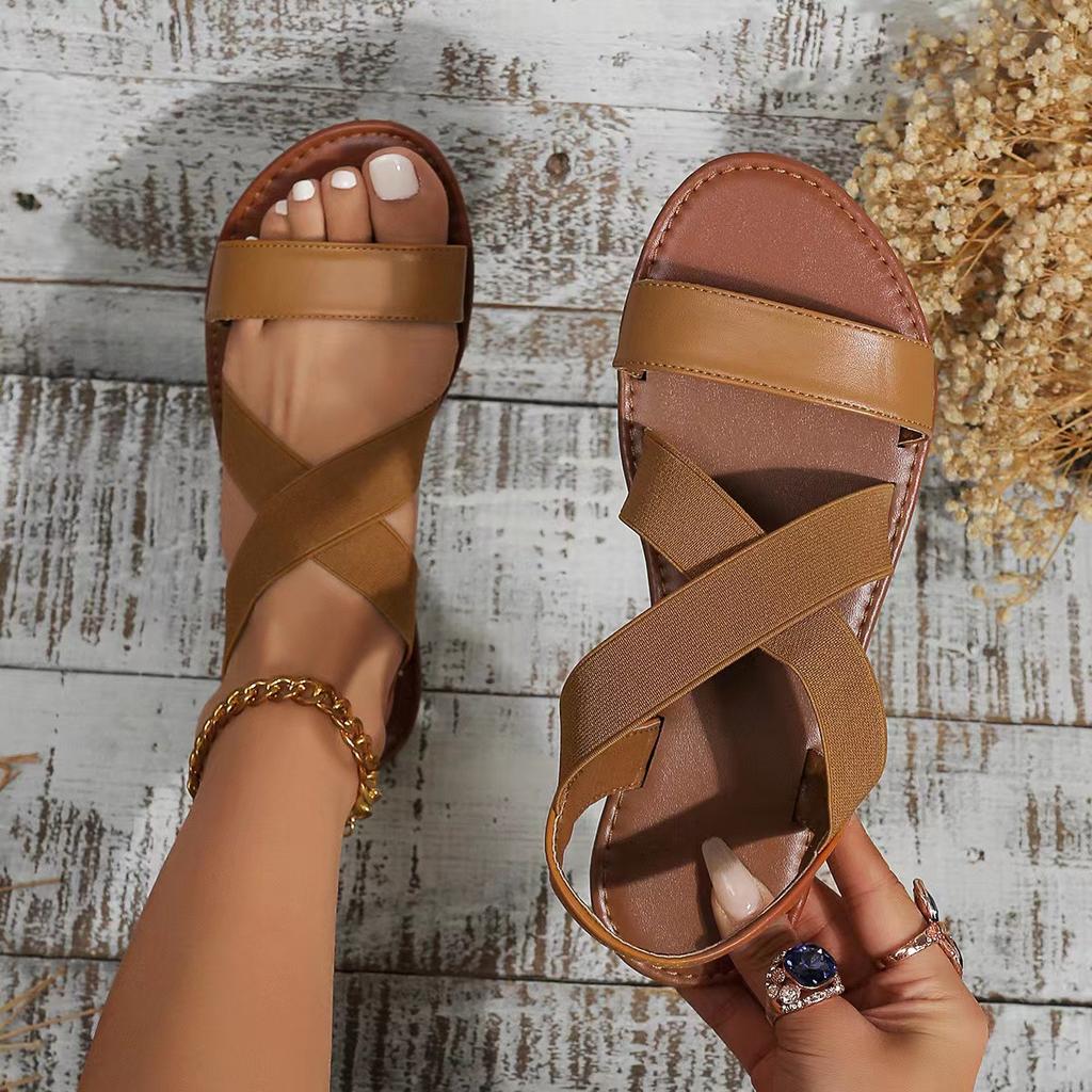 2025 Summer New Flat-soled Sandals Women's Cross Elastic Band Roman Beach Shoes Open-toed Foreign Trade Large-size Women's Shoes