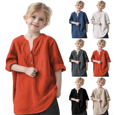 Children's Cotton Hemp Stand Collar Can Be Rolled Long Sleeve Round Neck Shirt Solid Color Daily Casual Shirt