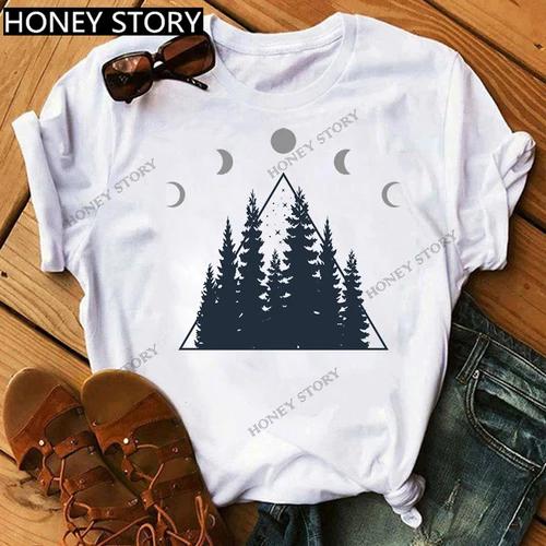 Mountain Print T-shirt Casual Harajuku T-shirt Beautiful Mountain Print Men's and Women's Trend Short Sleeve Summer polyester