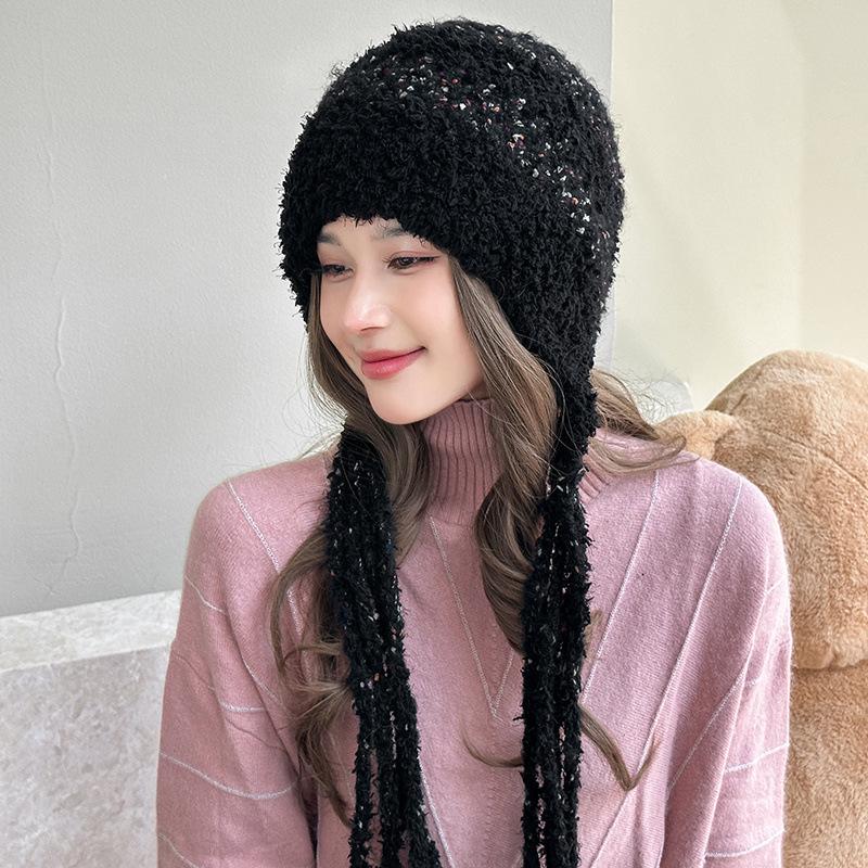 

Зимняя теплая женская шапка, утолщенная, защита ушей от холода, плюшевая, корейская версия, студенческая вязаная шапка чёрный