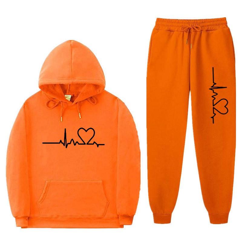 Unisex Oversized Hooded Sweatshirt Set With Heart Print Fleece Lined Casual Sportswear Fall