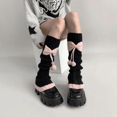 Calzino Contrasto Colore Pompom Pizzo Autunno Inverno Dolce, Gambale Rosa con Fiocco per Ragazza Jk, Calzino Dui Dui