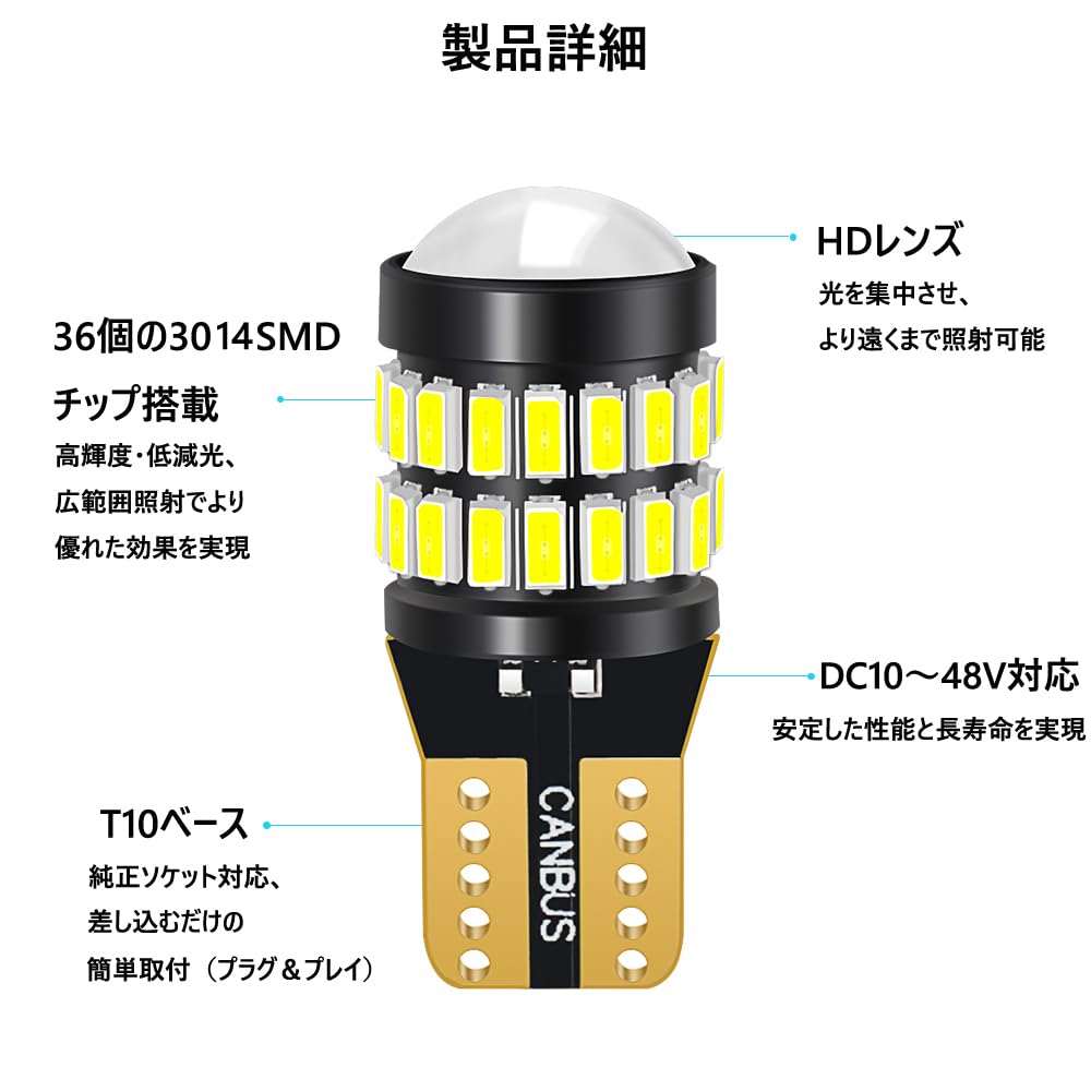 Zwei T10 LED Weiße Glühbirnen mit 36 LEDs und 1 LED Kompatibel mit einem weiten Spannungsbereich von 12V bis 48V Geeignet für Auto Ohne toten Winkel W5W Eingebaut