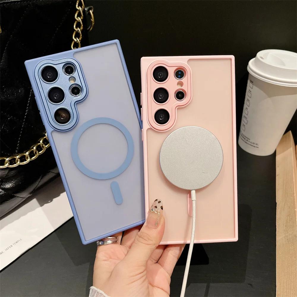 For Samsung Galaxy S25 S24 S23 Ultra S25 Plus S24 FE Lens Protective Shockproof Cover Luxury Matte Magsafe Wireless Charge Case