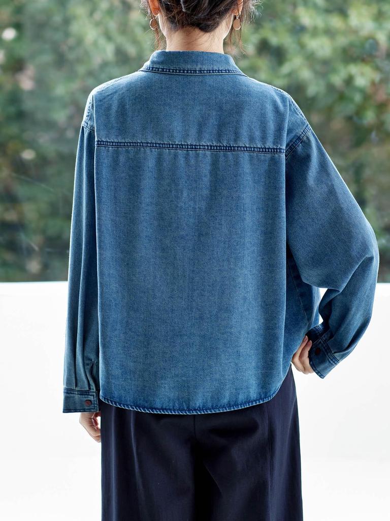Retro Blue Washed Denim Women's Long Sleeve Shirt Jacket - Spring 2026 Fashion