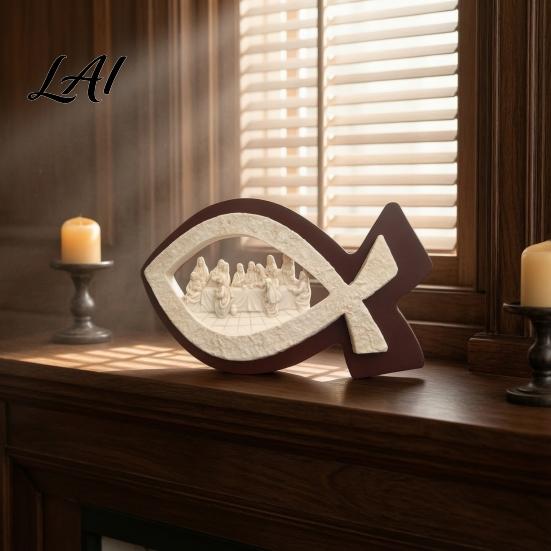 Religious Table Decor Fish Shape Last Supper Scene Statue Resin Sculpture Decorative Faith Unique Christian Gifts Art Ornament for Home Living Room