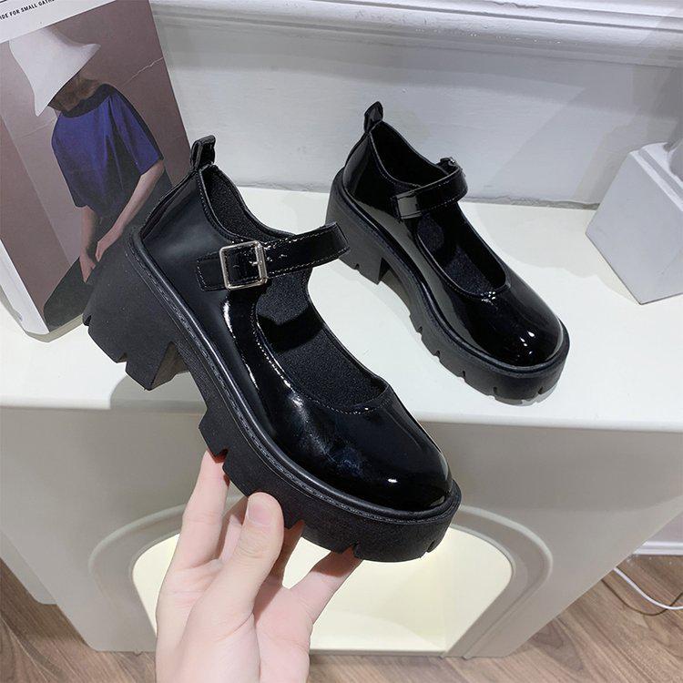 Women's Patent Leather Mary Jane Loafers - Spring 2022 British College Style, High Heel, Round Toe, Thick Sole