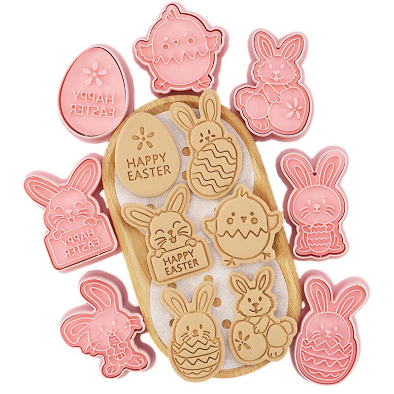 8Pcs Easter Cookie Cutters Mold DIY Rabbit Eggs Shapes Cookie Cutters 3D Cartoon Embossing Mold Cookie Stamp Baking Cake Tools