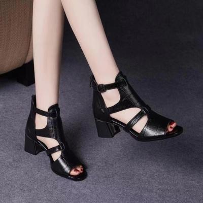 2025 New Fish Mouth Roman High-heeled Sandals Women's Thick Heel Summer Hollow Cool Boots Short Boots Medium Heel Imitation Leather