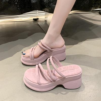 Cool Slippers Outer Wear Women's Summer Beach Roman Muffin Platform Sandals High Heels 2025 New with Skirt One-word Drag