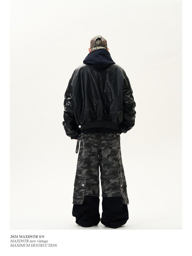 2025 Unisex Černá Bomberová Bunda s Kapucí ze Patchworkové PU Kůže