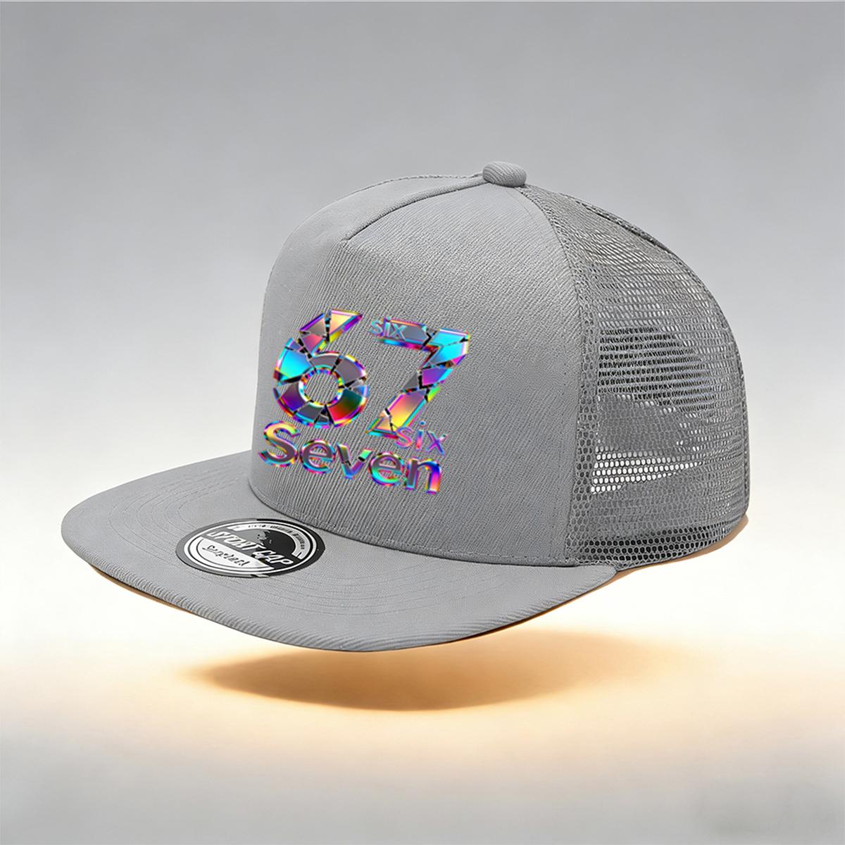 

1/2PC Breathable Flat Brim 67 Hat, One Size, Holographic Laser Print, Trendy Cyber Street Style for Daily Wear сірий