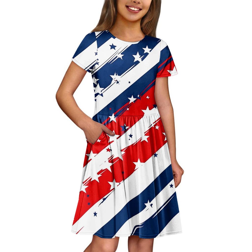 Dziewczęca Letnia Sukienka Jednolity Kolor i Nadruk Bez Rękawów Sukienka z Kieszenią Sukienka Codzienna Krótki Rękaw Sukienka na Imprezę