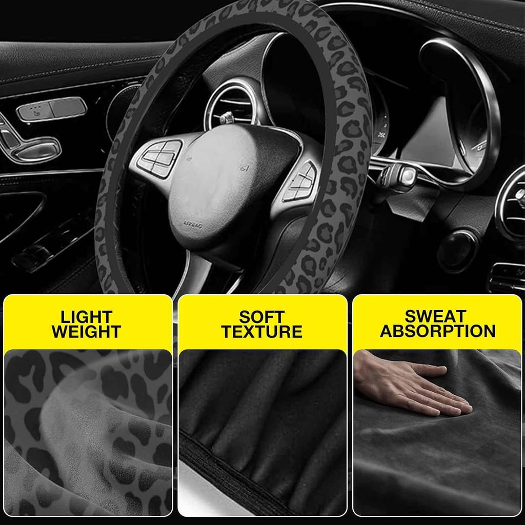 Black Leopard Print Cheetah Steering Wheel Cover For Women, Anti-Slip Breathable High Elastic Neoprene Car Steering Wheel Cover, Universal 15 Inch