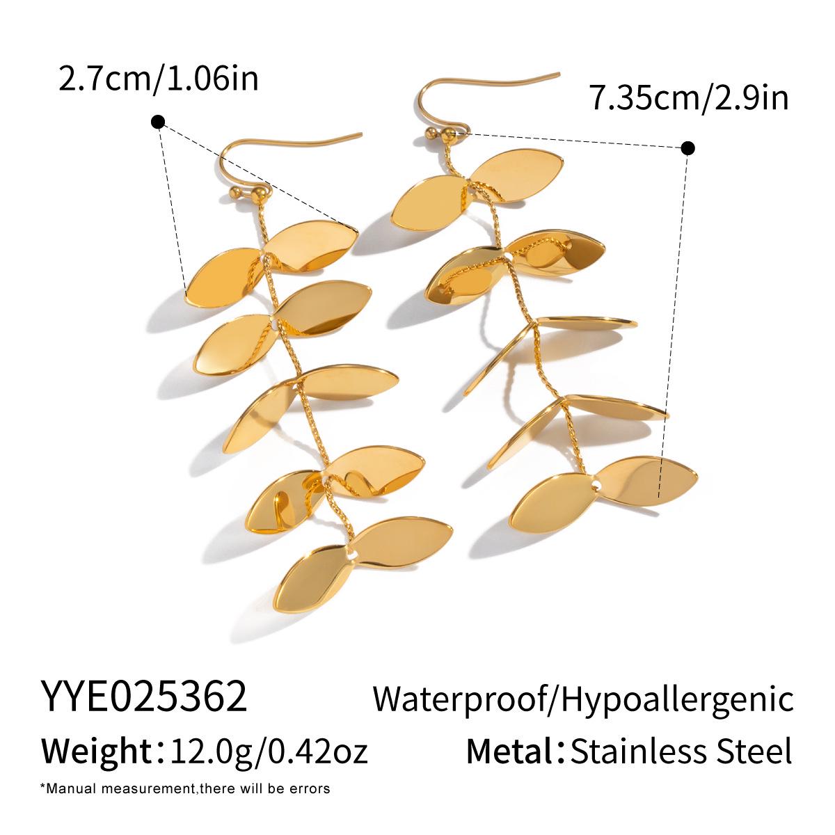 Xia Ling 18K Gold Vacuum-Plated Stainless Steel Leaf Pendant Earrings - European and American Fashion, Fade-Resistant, Versatile Charm for Women.