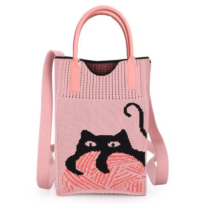 Huimei Women's Knit Smartphone Pouch, Shoulder Bag, Crossbody Phone Pouch, Vertical Knit Wallet Pochette, Cat Print Mini Bag, Cute, Lightweight