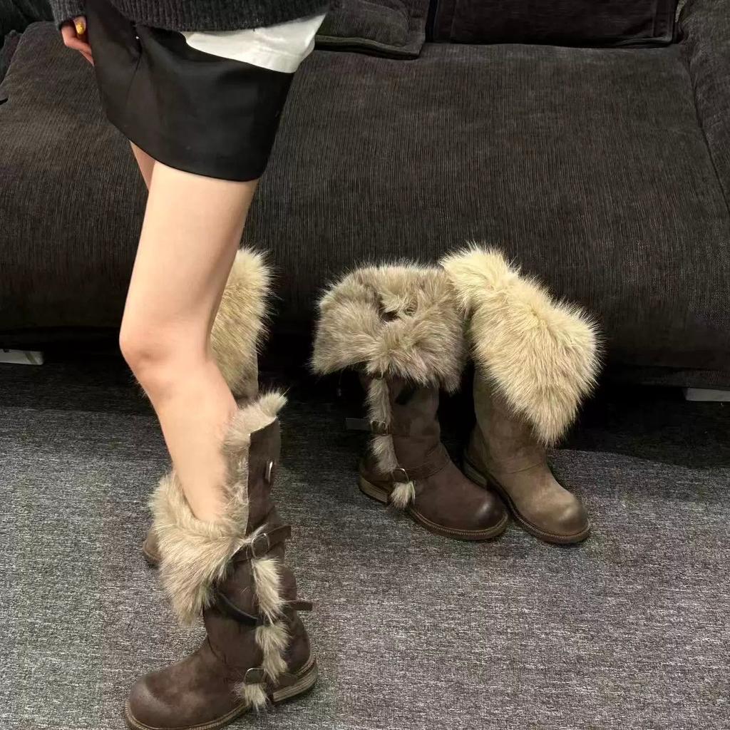 Dámské měkké elastické silné podrážky zimní kožešinová integrace teplé protichladové polstrované sněhule protiskluzové nošení ležérní sportovní vysoké trubkové kožešinové bavlněné boty