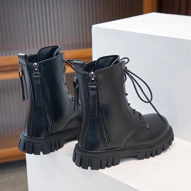 Girls Boots Black Warm Motorcycle Boots Autumn Winter Kids Ankle Boots Double Zipper Anti-skid Children Rubber Boots