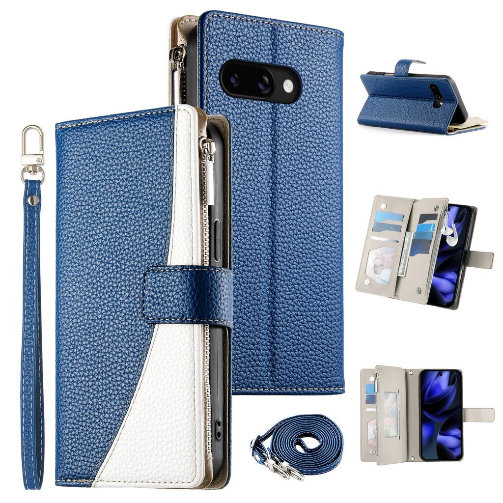 For Google Pixel 9a Case Zipper Wallet Color Splicing Leather Flip Phone Cover with Straps